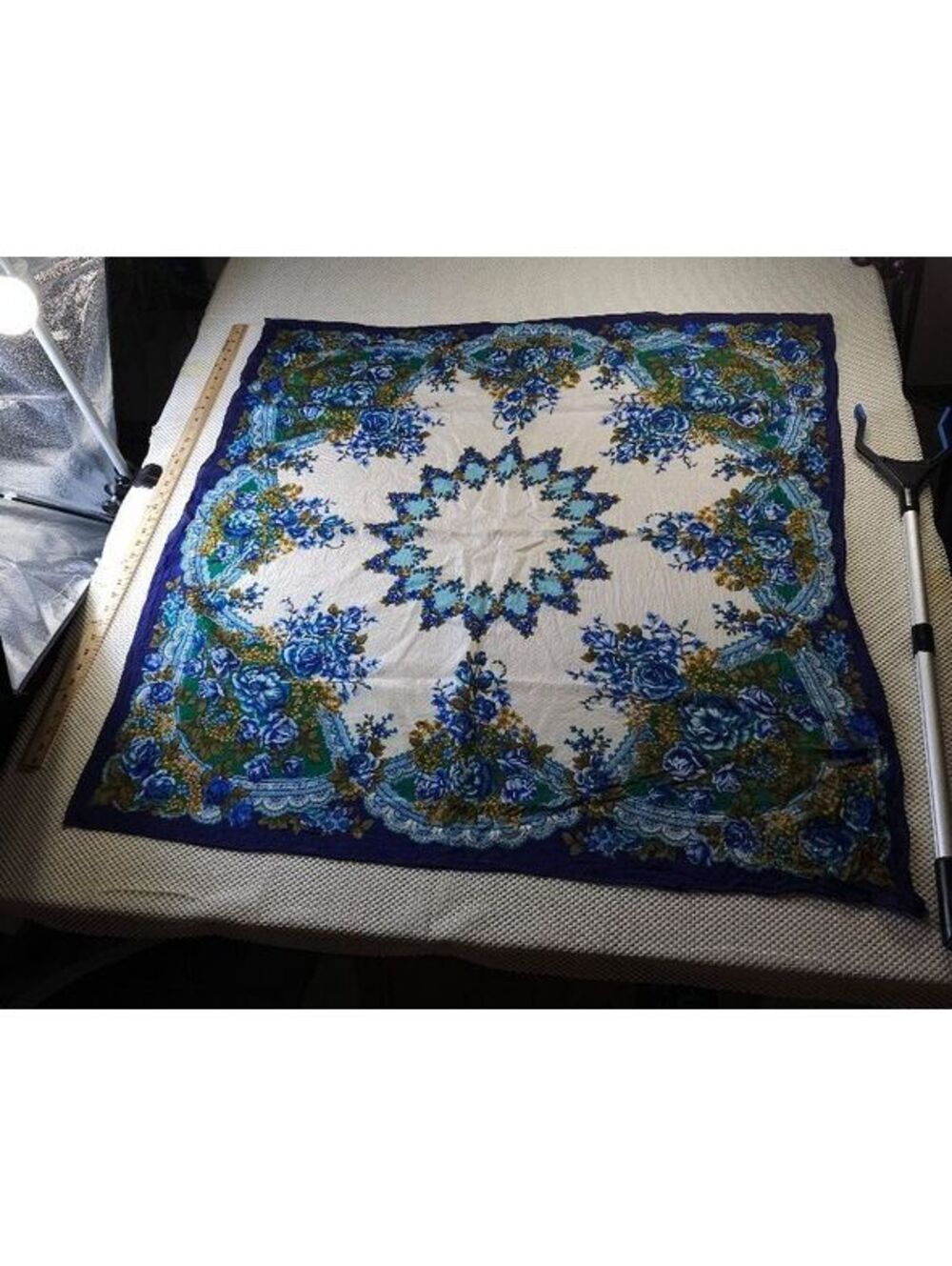 Vintage 100% Silk Floral Pattern Square Scarf in Blue and Green